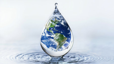 A stunning image of a water drop containing a reflection of Earth, symbolizing the connection between water and the planet. This visual emphasizes environmental conservation and natural beauty.の素材