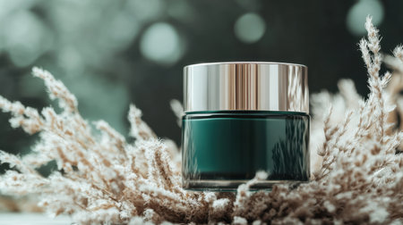 A graceful green cream jar nestled among soft dried flowers, creating an inviting and serene atmosphere perfect for beauty and wellness compositions.の素材