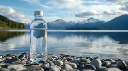 A clear water bottle rests on smooth rocks beside a serene lake, reflecting majestic mountains in the background, showcasing nature's tranquility and beauty.の素材