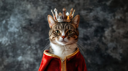 This captivating image features a cat dressed in royal attire with a crown, showcasing a charming and playful personality, perfect for whimsical themes.の素材
