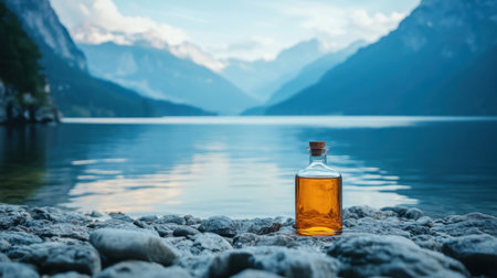 A glass bottle filled with a brown liquid rests on rocky shores beside a calm lake, surrounded by towering mountains and a tranquil sky, capturing the essence of nature.の素材