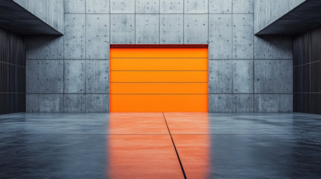 This stunning interior showcases a modern industrial space featuring a vibrant orange garage door against a backdrop of raw concrete walls. Perfect for architectural design contexts.の素材