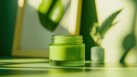 A vibrant green skincare jar sits elegantly on a table, surrounded by natural elements. The soft lighting and shadows create a soothing atmosphere, perfect for a wellness theme.の素材