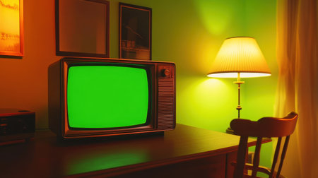 A nostalgic scene featuring a vintage television with a bright green screen, set in a cozy retro room. The warm lighting and wooden furniture evoke a sense of comfort and simplicity.の素材