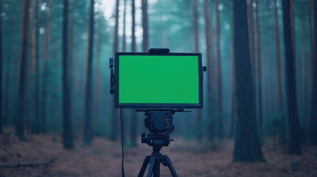 Setting up a green screen in a tranquil forest, ideal for video production. Capture nature's beauty while creating stunning visual content in an enchanting atmosphere.の素材