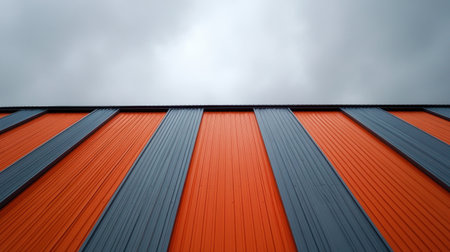 Captivating view of an industrial building showcasing vibrant orange and gray vertical panels under a cloudy sky, emphasizing modern architecture and design.の素材