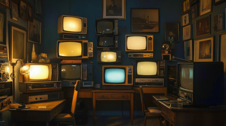 A cozy vintage room featuring multiple retro televisions illuminating the space. The walls are adorned with framed photographs, creating a nostalgic atmosphere.の素材