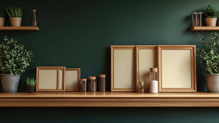 A stylish interior setup showcasing picture frames and leafy plants on a wooden shelf. The soothing green wall enhances the cozy, minimalist vibe, perfect for design inspiration.の素材