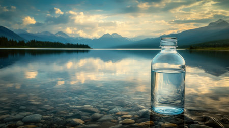 A clear water bottle rests on a rocky shore, reflecting the stunning mountains and sky in the tranquil lake. Ideal for wellness and nature themes.の素材