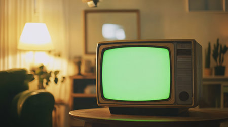 A vintage television set displaying a green screen sits in a cozy living room, surrounded by soft lighting and inviting decor, creating a nostalgic atmosphere.の素材