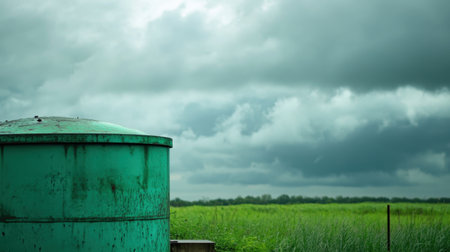 A close-up view of a green water tank set against a dramatic cloudy sky and vibrant green field, capturing the essence of rural life and nature's beauty.の素材