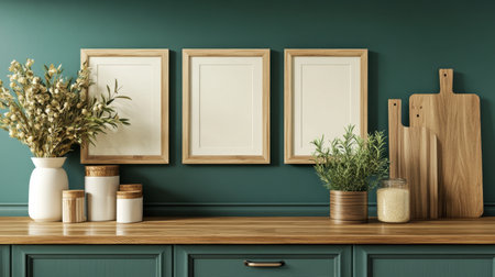 This serene interior image features a green wall adorned with empty wooden frames, enhancing a cozy atmosphere with plants and minimalist decor.の素材