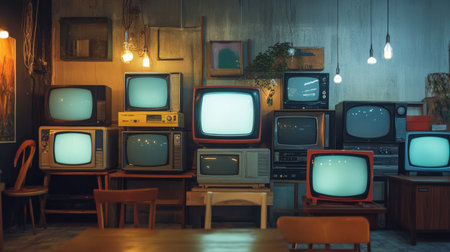 A captivating display of vintage television sets in a cozy retro room, featuring various styles and colors, creating a nostalgic atmosphere filled with charm.の素材