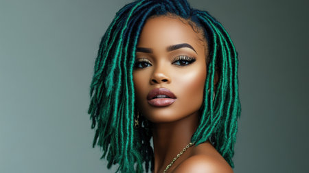 This striking portrait features a woman with vibrant green dreadlocks, showcasing elegance and confidence. Her expressive makeup enhances her unique style in a trendy studio setting.の素材