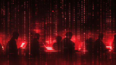 A visually striking image featuring silhouettes of people engaged with digital data representations against a red background, symbolizing technology and communication.の素材