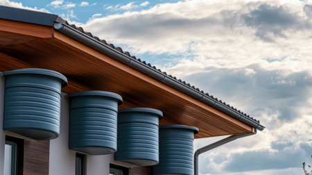 This image showcases a modern architectural element featuring grey rainwater tanks attached to a stylish rooftop under a cloudy sky, emphasizing sustainability.の素材