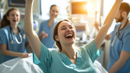 A joyful scene in a hospital where a patient celebrates with a caring medical team. The atmosphere is filled with laughter and positivity, highlighting teamwork and support.の素材