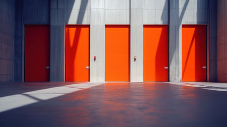 A modern industrial warehouse interior featuring four vibrant orange doors against concrete walls, creating bold geometric patterns and intriguing shadows.の素材