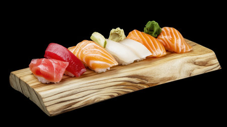 A beautifully arranged selection of fresh sushi on a wooden platter, featuring various fish types with wasabi and ginger, showcasing exquisite culinary artistry.の素材