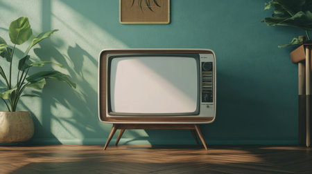 A nostalgic vintage television sits elegantly in a retro living room. The teal wall adds charm, illuminated by soft sunlight, creating a cozy ambiance.の素材