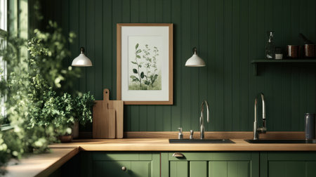 A serene kitchen showcasing rich green walls, wooden countertops, stylish lighting, and natural decor for a relaxed and inviting atmosphere.の素材