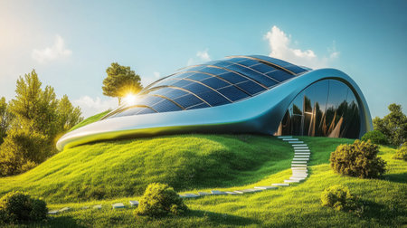 A stunning modern house featuring solar panels set against a vibrant green landscape. The design highlights sustainability, harmony with nature, and architectural innovation.の素材