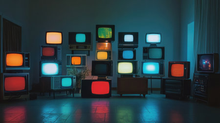 A captivating arrangement of vintage televisions showcasing colorful screens. This retro display evokes nostalgia and adds artistic flair to any interior space.の素材