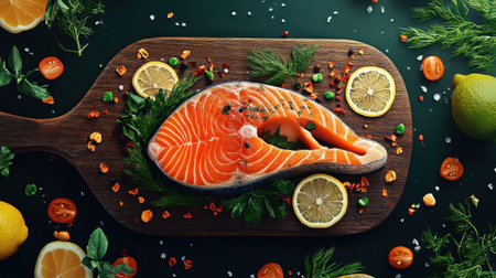 A beautifully arranged salmon steak on a wooden board, surrounded by fresh herbs, vibrant citrus slices, and colorful vegetables, ideal for healthy recipes.の素材
