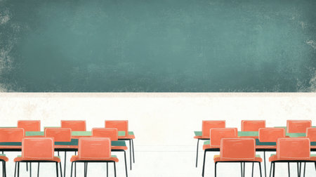 A spacious and minimalistic classroom featuring a green chalkboard and neatly arranged orange chairs. Ideal for showcasing educational themes and learning environments.の素材