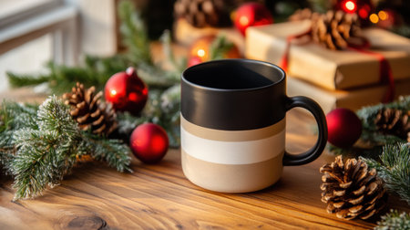 A cozy coffee mug rests on a wooden table adorned with festive decorations, including pinecones and ornaments, evoking warm holiday feelings and celebration.の素材