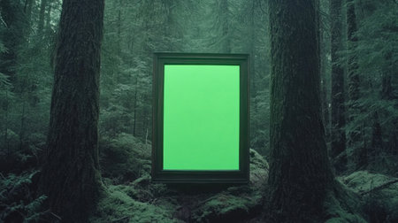 A captivating green frame stands amidst a dense forest, creating a surreal and mystical atmosphere. The scene evokes feelings of tranquility and wonder.の素材