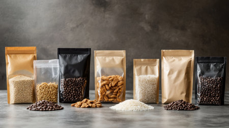 This image features a variety of grains and nuts in eco-friendly packaging, showcasing a healthy assortment ideal for cooking or snacking.の素材