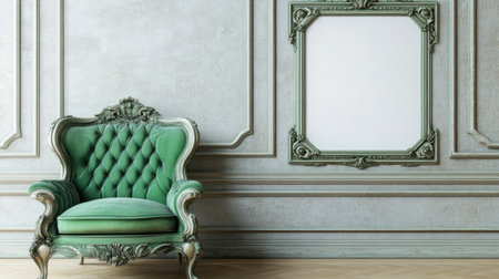 Elegant vintage green armchair positioned against a decorative wall, featuring intricate detailing and an empty ornate frame, perfect for home decor inspiration.の素材