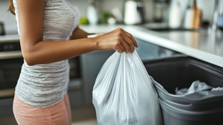 A woman is seen disposing of a trash bag in a kitchen garbage bin, emphasizing the importance of cleanliness and waste management in daily life.の素材