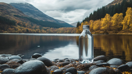 A clear water bottle rests on smooth rocks by a serene lake, surrounded by majestic mountains and autumn foliage, capturing the essence of nature's tranquility.の素材