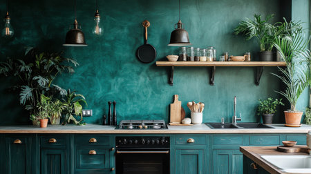 A modern kitchen featuring rich green walls, natural elements, and stylish decor. This inviting space combines functionality and aesthetics with plants, shelves, and warm lighting.の素材
