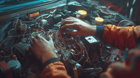 A mechanic diligently repairs intricate wiring in an engine, showcasing skilled hands working in a cluttered workshop. The atmosphere highlights dedication and craftsmanship.の素材