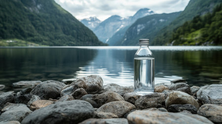A clear water bottle stands on smooth stones beside a serene lake, surrounded by majestic mountains and lush greenery, inviting a sense of tranquility and reflection.の素材