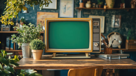 A vintage television set sits on a rustic table, embraced by lush greenery. This charming scene captures the essence of nostalgia and homey comfort, ideal for creative inspiration.の素材