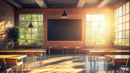 A bright and modern classroom featuring large windows that allow natural light to fill the space, creating an inviting environment for learning and creativity.の素材