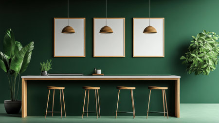 Modern kitchen interior featuring green walls, wooden accents, and stylish stools. The design promotes a relaxing atmosphere with beautiful decor and plants.の素材