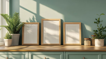 Soft light casts gentle shadows on empty frames, creating a serene and modern display. Indoor plants add life to a stylish interior space, perfect for decor.の素材