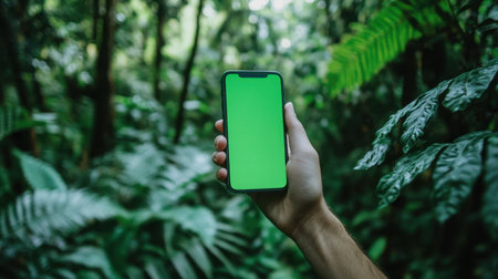A hand holds a smartphone featuring a vibrant green screen surrounded by lush jungle foliage, showcasing the intersection of technology and nature.の素材