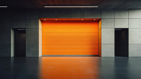 This image features a modern industrial interior showcasing an orange roller shutter door against a concrete backdrop, creating a striking visual effect.の素材