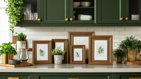 A beautifully arranged kitchen scene featuring framed botanical art, vibrant greenery, and stylish decor. Perfect for showcasing home elegance and tranquility.の素材