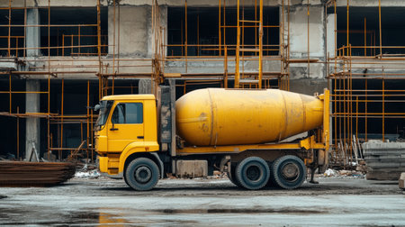 Yellow cement mixer truck parked at a construction site, showcasing heavy machinery amidst scaffold structures and building materials, essential for urban development.の素材