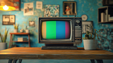 This image features a vintage television set with a colorful screen, positioned on a wooden table in a cozy living room. The retro decor and warm lighting create a nostalgic atmosphere.の素材