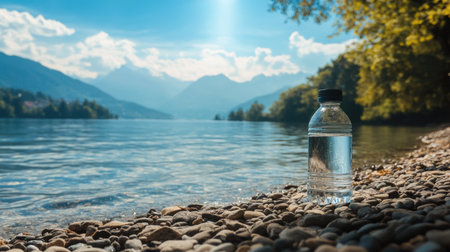 A clear water bottle rests on a rocky shoreline beside a serene lake. The breathtaking backdrop features mountains and a vibrant sky, creating a peaceful outdoor scene ideal for promoting wellness and adventure.の素材