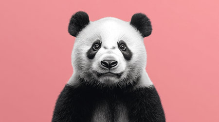 This captivating image features an adorable panda with a charming expression against a soft pink background. Perfect for wildlife enthusiasts or nature campaigns.の素材
