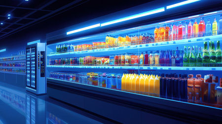 A vibrant and modern supermarket aisle showcasing a wide variety of colorful beverages. The illuminated shelves attract shoppers seeking refreshing drinks at night.の素材